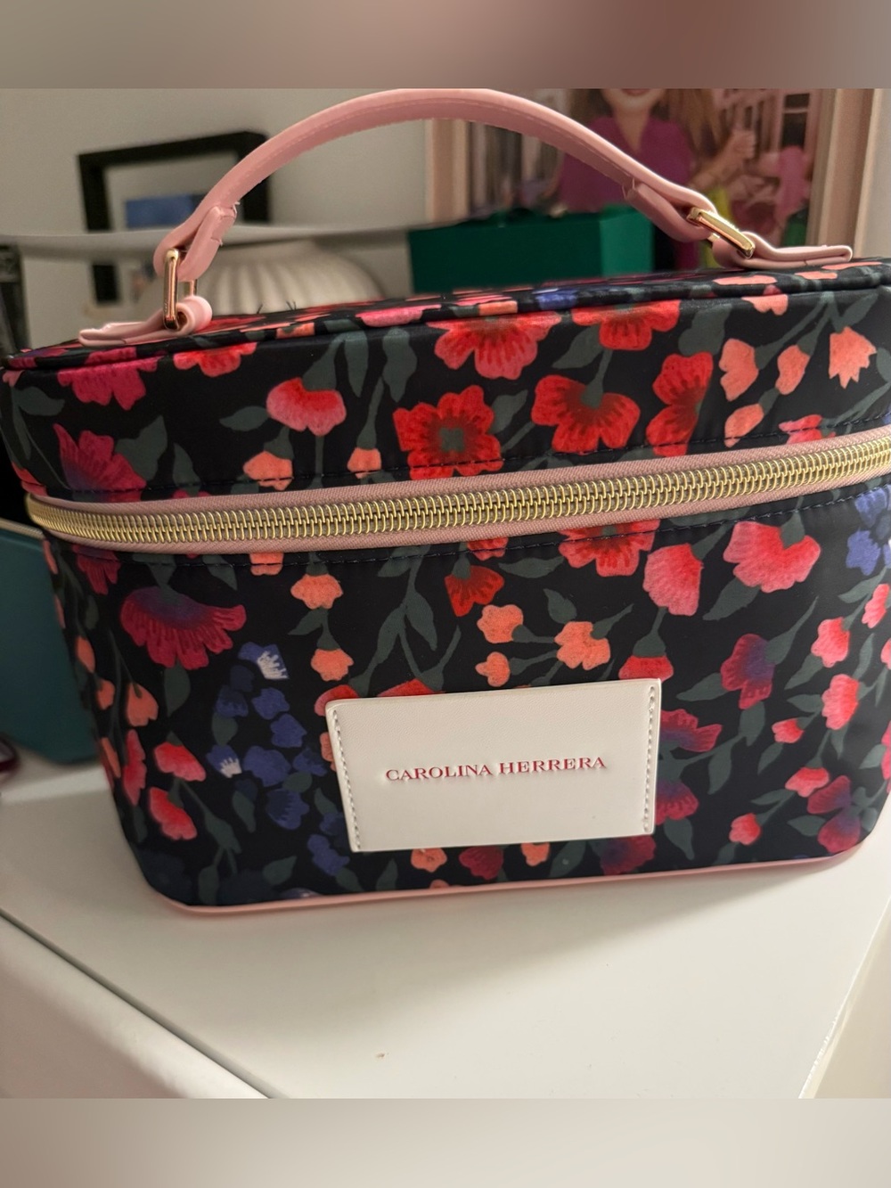 Carolina Herrera Black Floral Cosmetic Vanity Case with Pink Handle